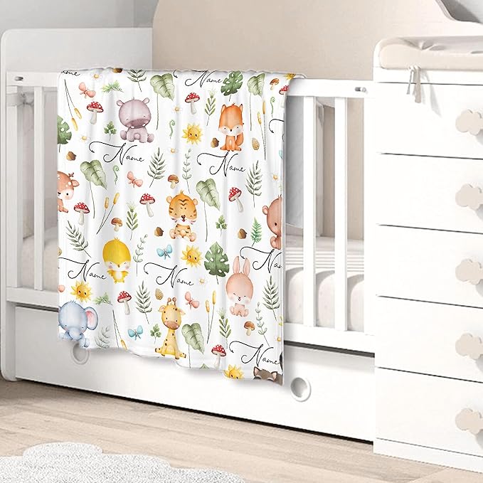Personalized Custom Baby Blanket with Name - Swaddle Blanket for Toddlers, Infants, Kids, Newborns - Nursery Stroller Crib Decor Throw - Fox Theme - Birthday Gift