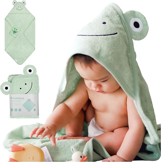 CuddleBug Hooded Baby Bath Towel & Washcloth Set (Frog) - 100% Cotton Terrycloth Hooded Baby Towels for Newborn & Toddler, Super-Soft & Ultra-Absorbent, Newborn Essentials (30" x 30") - Sage Green