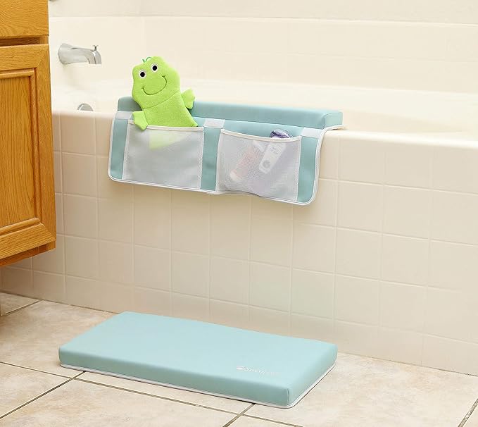 Bath Kneeler & Elbow Rest–Thick, Non-slip 1-Piece Pads Protect Elbows and Knees, Mesh Pockets for Storage. Quick-Dry, Easy to Clean, Durable. Perfect for Bathing Babys, Toddlers, and Pets (Cool Mint).