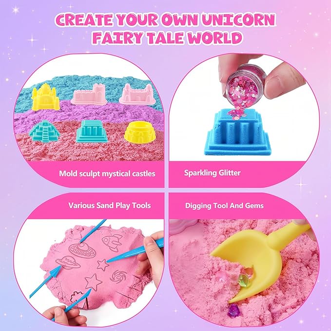 MYDOVA Unicorn Sensory Bin for Girls, Magic Sand Sensory Bin Art Kit for Boys and Girl with Sandbox, Castle Molds, 2.18lb 3 Color Sand, Unicorn Toy Kits Christmas Birthday Gift for Toddler Ages 3+