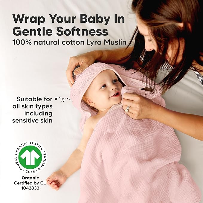 KeaBabies Muslin Hooded Baby Towels for Newborn Girls, Boys - 2-Pack, 30x30 Organic Cotton Baby Bath Towels Hooded, Soft Absorbent, Toddlers, Kids, Infant, Newborn Bath Essentials (Rose Ivory, Petite)