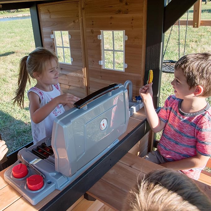 Backyard Discovery Canyon Creek Cedar Wood Swing Set with Wave Slide, Clubhouse, Play Kitchen, Picnic Area, Belt Swings, Web Swing, Rock Wall, Balconies, Playhouse, Step Ladder, Outdoor Playset