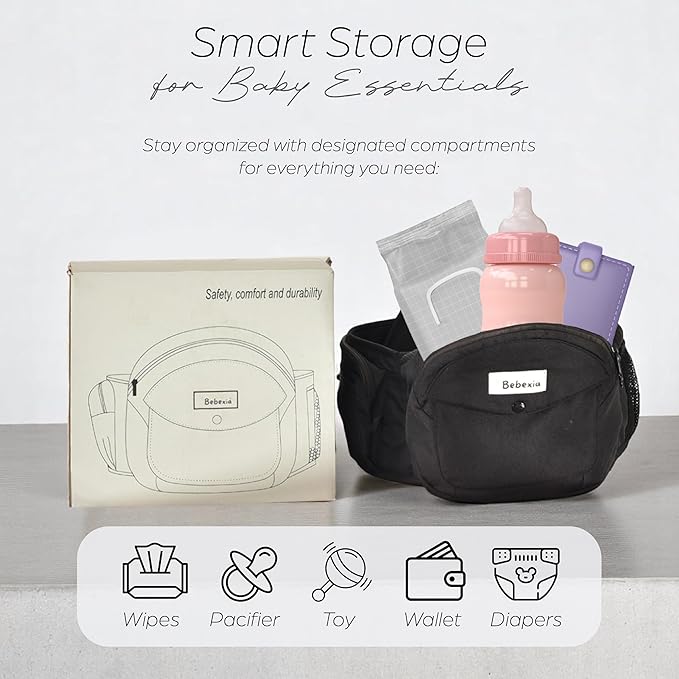 Baby Carrier with Hip Seat - with Lumbar & Back Support – Adjustable Waistband with Strong Support - Health Certified, Machine Washable, Fits Medium–Large (Black) (Grey)