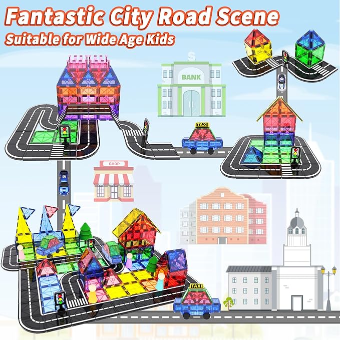 Magnetic Tiles Road Set with Car Kits, Magnetic Building Blocks Sensory Toys for Kids Ages 3-5 4-8, STEM Educational Toddlers Toys, Ideal Birthday&Christmas Gifts for 3+ Years Old Boys and Girls