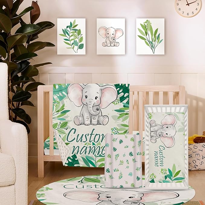 Personalized Baby Crib Bedding Set, Green Elephant Design Custom Name Baby Crib Sets 5-Pcs, Toddler Double Layer Blanket Fitted Sheets Changing Pad Cover Rug Wall Art Set, Charming Nursery Decor