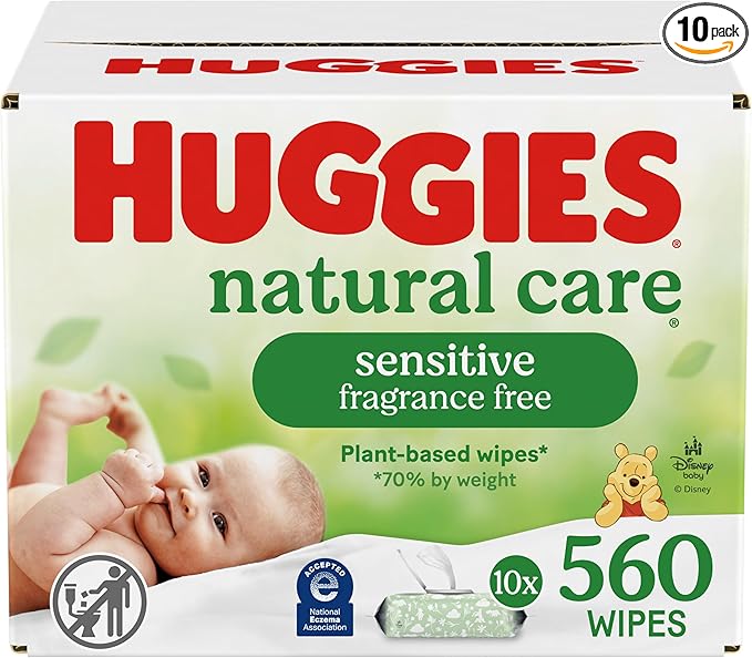 Huggies Natural Care Sensitive Baby Wipes, Unscented, Hypoallergenic, 99% Purified Water, 10 Flip-Top Packs (560 Wipes Total)