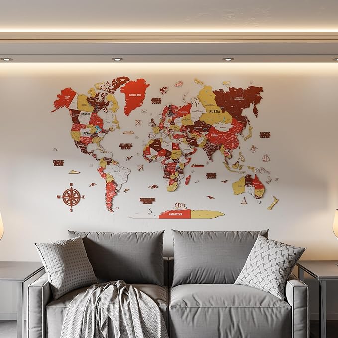Colorfull Worlds 3D Wooden World Map Wall Art - Premium Multicolored World Travel Art for Wall Decor with Push Pins- Ideal Housewarming Gift & Travel Tracker (Large, Terracota)