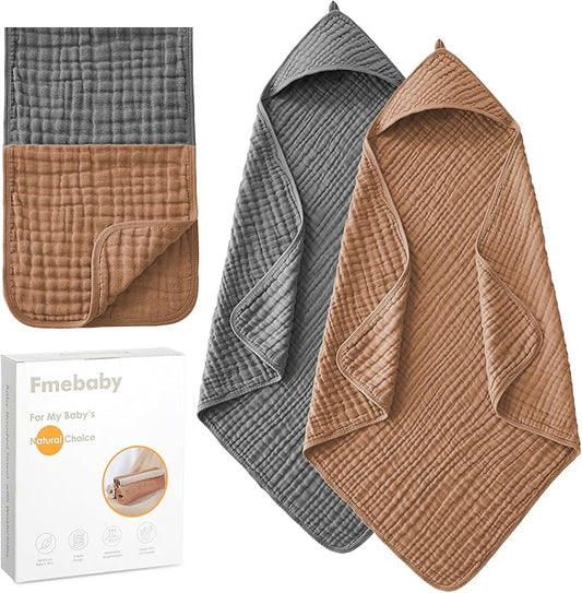 Hooded Baby Towels for Newborn, 2 Pack 36x36Inch Muslin Cotton Baby Bath Towel and 2 Pack 12x12Inch Washcloth Set with Hood for Babies, Toddler and Kids, Essentials Must Haves(Grey and Coffee)