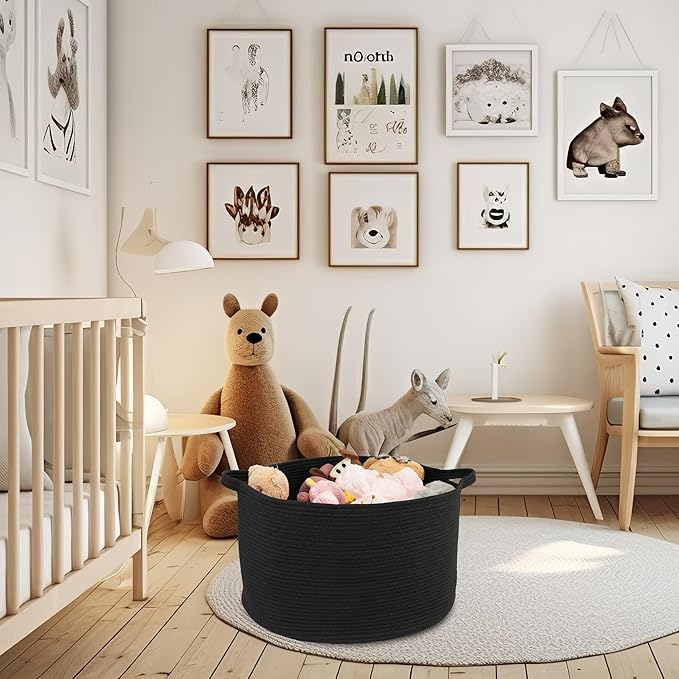 Large Cotton Rope Basket Blankets Basket Living Room 22"x14" Toy Baskets for Kids and Dogs Rope Storage Baskets for Nursery Woven Laundry Baskets for Clothes Towels round black