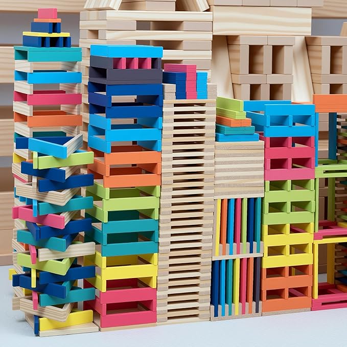 300pcs Open Ended Wooden Building Blocks for Kids 6.6lb, Solid Rectangular Wood Construction Toys for Toddlers, STEM Building Set,Birthday Gift for Kids Ages 3-8 Small 4.7" - Pine Rainbow