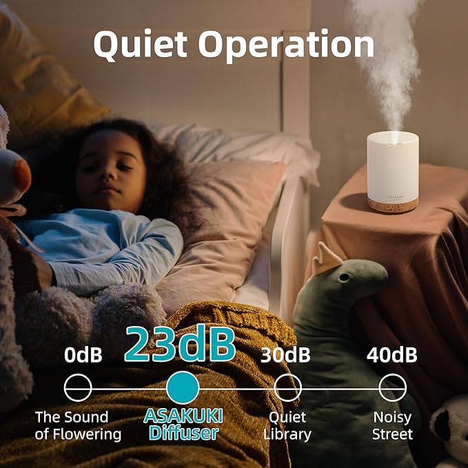 ASAKUKI Essential Oil Diffuser, Aromatherapy Cool Mist Home Humidifier with 7 LED Color Changing Light and Auto-Off Safety Switch, 6 Essential Oils Set, 300ml (Brown with Oils)