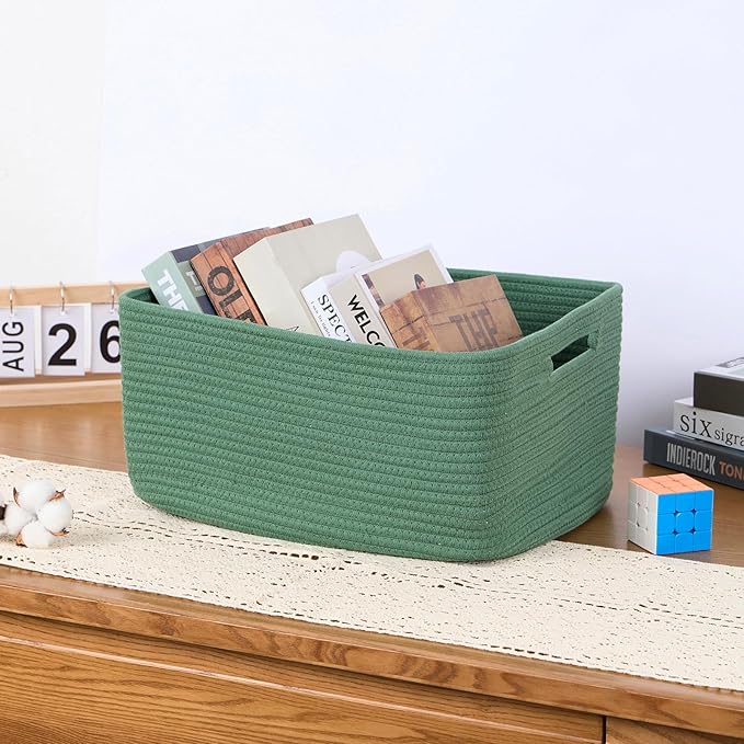 Large Storage Baskets for Organizing, Closet Shelf Baskets for Clothes Blanket Towels, Baby Nursery, Toy Bins Box, Woven Rope Baskets, 17 x 13 x 7.5”, 4 Packs Green