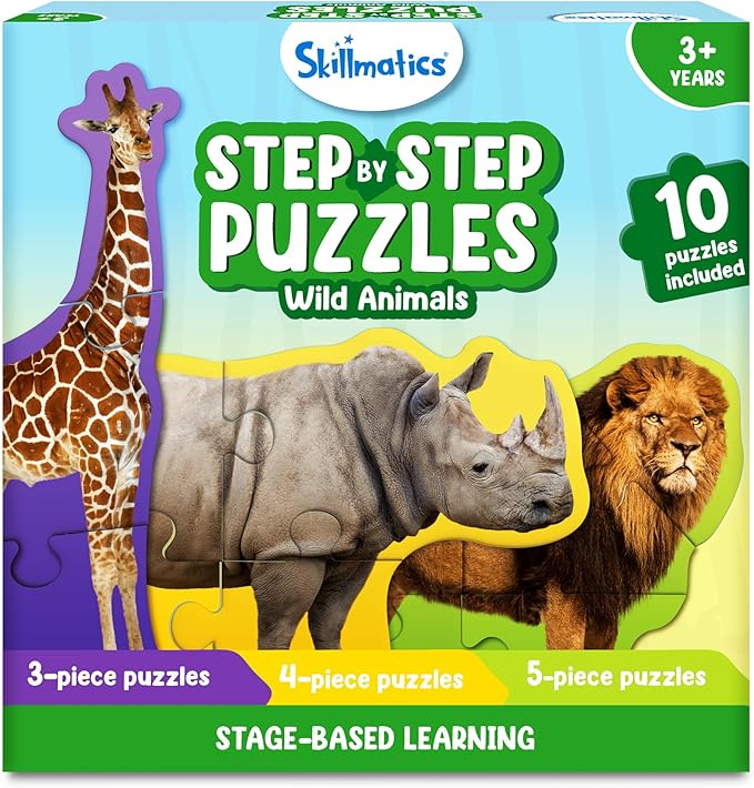 Skillmatics Step by Step Puzzles - 40 Piece Jigsaw & Toddler Puzzle, Montessori Educational Toy for Boys & Girls, Wild Animals, Travel Friendly, Gifts for Kids Ages 3, 4, 5 and Up