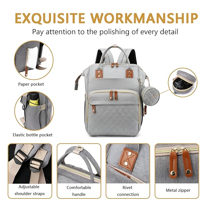 Baby Diaper Bag Backpack with Changing Station Travel Waterproof 3 in 1 Foldable Pad Unisex Grey