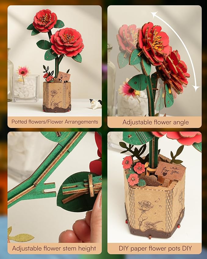 3D Flower Wooden Puzzles for Adults-Red Camellia, DIY Wooden Flowers Model Kit Building Set Crafts for Adults to Build, Botanical Collection/Ideal Creative Gift Ideas/Housewarming (113PCS)