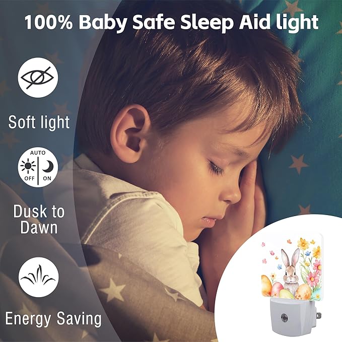 Cute Easter Bunny and Eggs Night Light, Easter Rabbit and Flowers Dusk to Dawn Night Light Plug in, 0.5w Energy Saving Sleep Friendly NightLight for Kids Boys Girls Home Decor