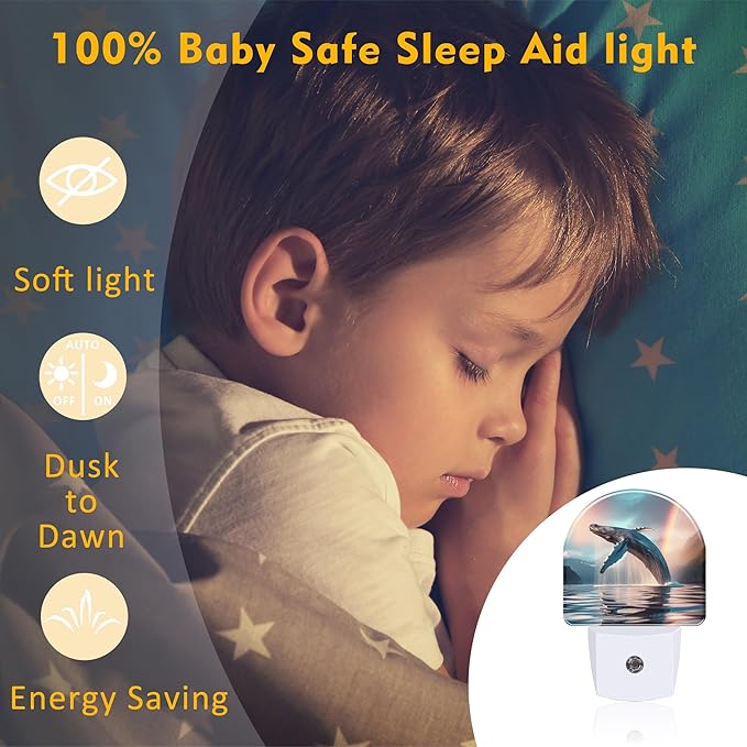 Jumping Whale Night Light for Kids, Ocean Marine Life Rainbow Night Light Plug in with Dusk to Dawn Sensor, 0.5w Energy Saving Sleep Friendly Nightlight for Hallway Stairway Kitchen Bedroom