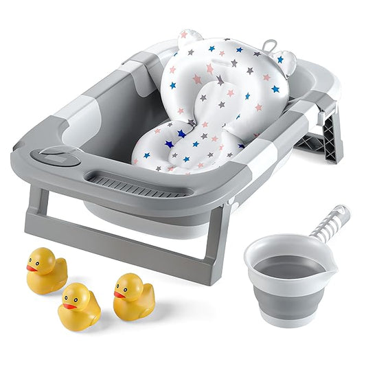 Collapsible Bathtub Baby for Infants & Newborns w/Thermometer, Drain Plug with Heat Sensor & Scoop – Compact Travel Baby Bath Space-Saving Bath for Travel, Shower & Small Bathrooms