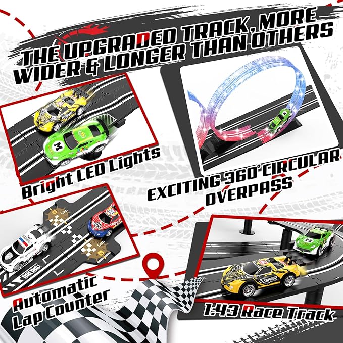 3 IN 1 Slot Car Race Track Sets with 4 High Speed Slot Cars, Electric Race Car Track Include Circular Overpass Flash Tracks, 1:43 Remote Control Track Car Game Toys Gifts for Adults Boys Ages 6 7 8-12