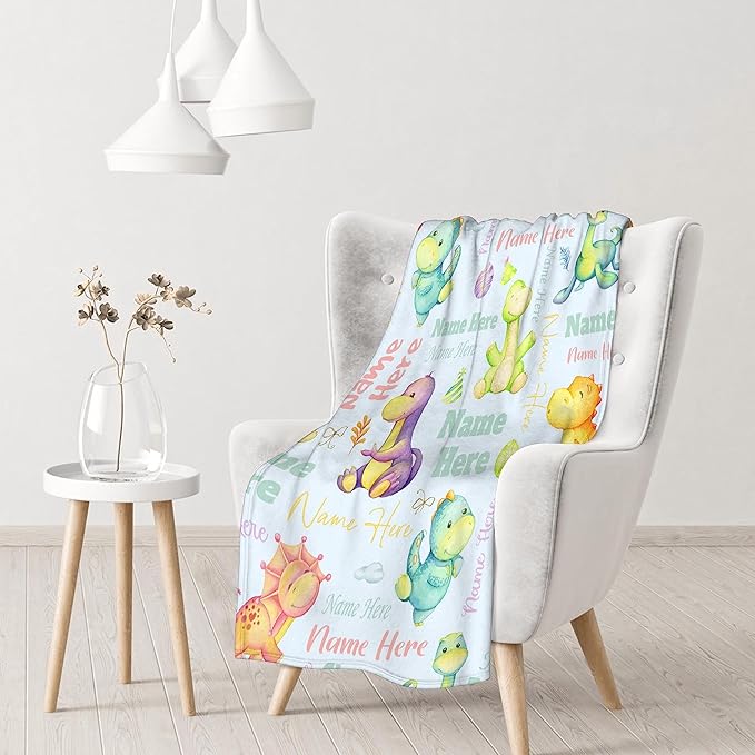 Personalized Baby Blanket for Girls Boys Dinosaur Custom Baby Blanket with Name Swaddle Blanket for Toddlers Infants Kids Shower Newborns Nursery Stroller Crib Decor Throw Birthday Gift
