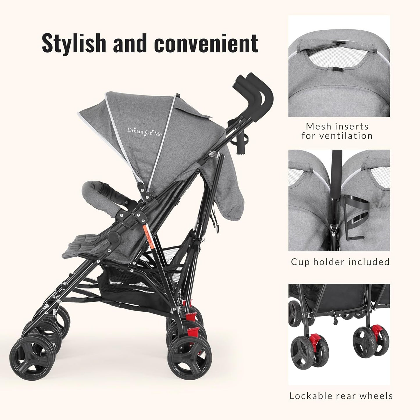 Dream On Me Volgo Twin Umbrella Stroller in Gray, Lightweight Double Stroller for Infant & Toddler, Compact Easy Fold, Large Storage Basket, Large and Adjustable Canopy