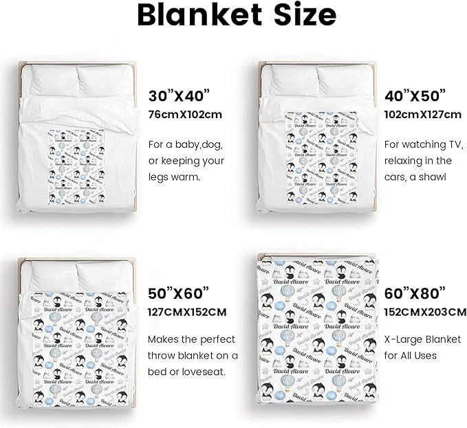 Ship Next Day Personalized Baby Blanket, Printed in USA - Custom Name Toddler Blanket with Penguin Pattern, Personalized