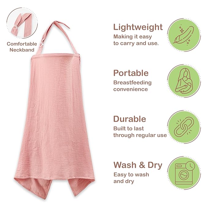 Premium Organic Breathable Muslin Nursing Cover for Breastfeeding - Privacy Breast Feeding Covers for Women - Multi-Use Nursing Cover Up - Soft & Lightweight Breastfeeding Covers (Pink)
