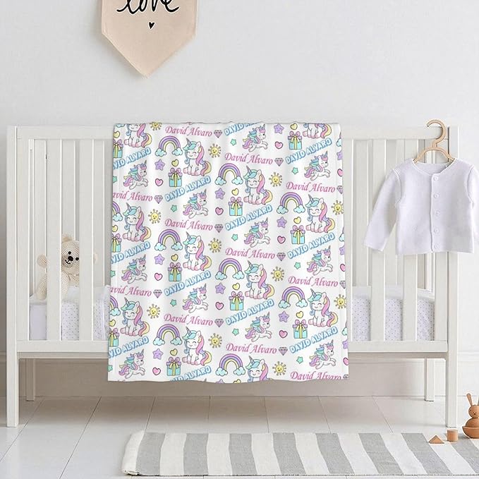 Ship Next Day, Personalized Baby Blanket for Boys Girls - Printed in USA, Custom Name Toddler Blanket with Rainbow Horse Pattern, Perfect Newborn Gift