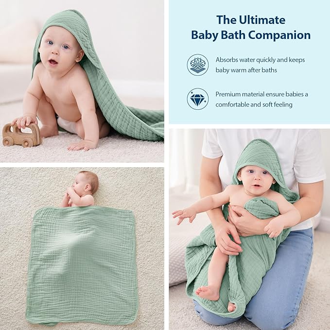 Hooded Baby Towels for Newborn - 2 Pack, 100% Muslin Cotton, Baby Bath Towels with Hood, Soft and Absorbent for Boys, Girls Infant, Toddler and Kids, Large 32x32 Inches, Newborn Essential