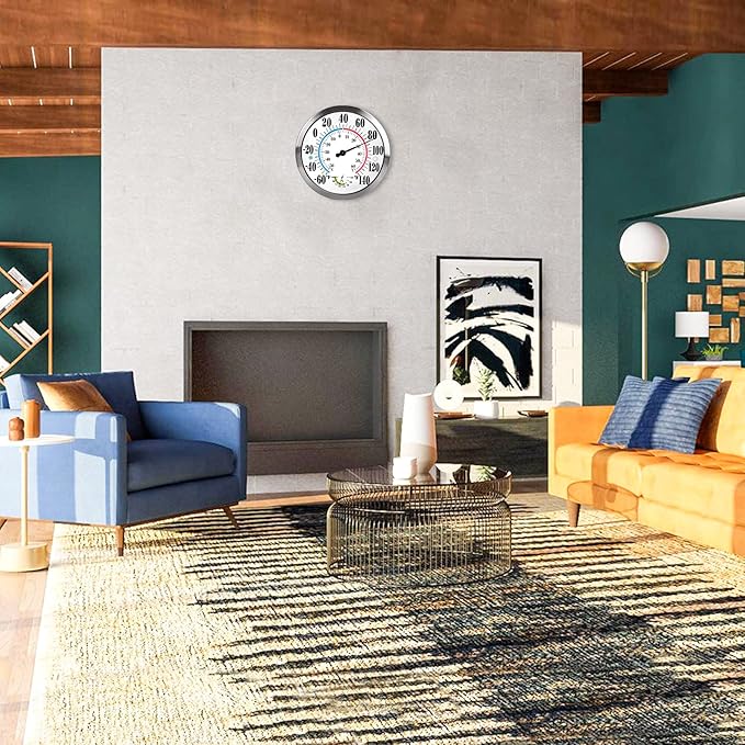 12" Outdoor Thermometer Large Numbers - Decorative Outdoor Thermometers for Patio, Wall Thermometer Hygrometer with Stainless Steel Enclosure, Battery Free Indoor Outdoor Thermometer Hanging