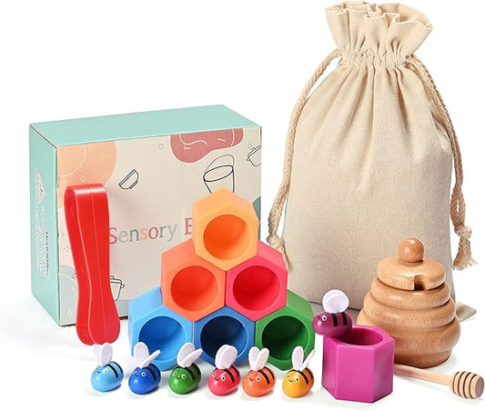 Sorting Stacking Wooden Sensory Bin Tools for Toddlers, Bee Hive Toy, Montessori Educational Gift for 3-5 Years Old, Fine Motor Skill Learning Toys