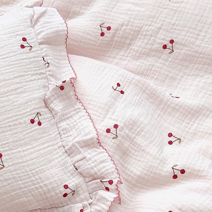 BuLuTu Cotton Muslin Ruffle Edge Kids Toddler Pillowcase Standard,Cherry Pattern Soft Travel Pillow Nursery Pillowcase for Boys,Girls,Bedding Decor Machine Washable, Durable Pillowcase 1 Piece