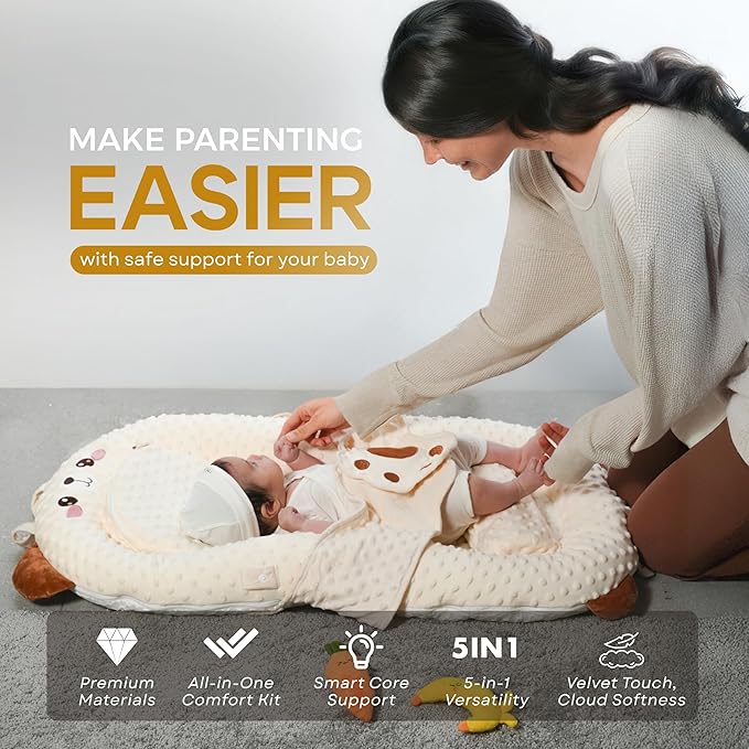 Baby Lounger for Newborns to 12 Months, Premium Velvet Cover, Infant Nest, Tummy Time Mat, Bottle Feeding Pillow & Portable Co-Sleeper Bed with Carrot & Banana Toys