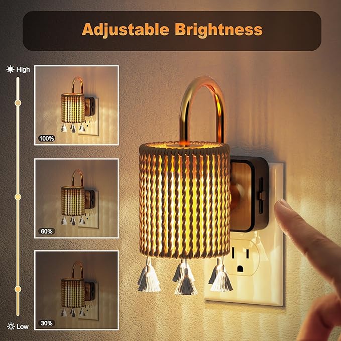 JandCase Night Lights Plug into Wall, Boho Night Light Dusk to Dawn Light Sensor, Warm White 3000K LED Nightlight, Adjustable Brightness for Bathroom Bedroom Hallway Kitchen