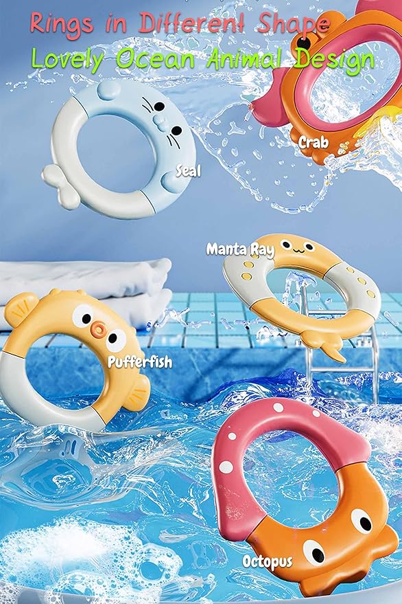 Octopus Ring Toss Bath Toy, Bathtub Ring Toss Game Interactive Sensory Toy with 5 Rings-Octopus, Crab, Pufferfish, Seal and Manta Ray