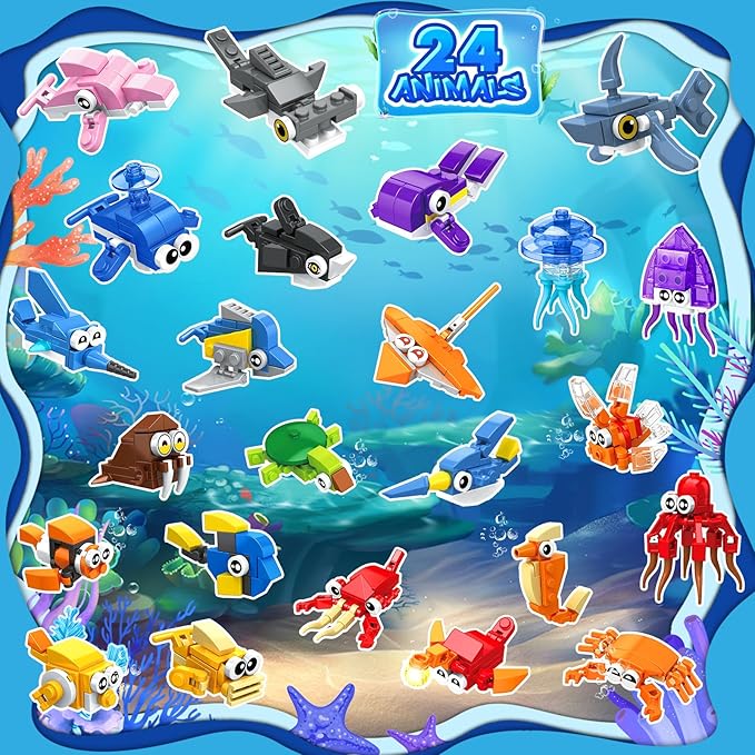 24 Packs Party Favors for Kids, 637 PCS 24in1 Marine Animals Small Fish Toys Mini Building Blocks Set for Goodie Bag Stuffers Classroom Prizes, Easter Birthday Gift for Boys Girls Ages 6-12