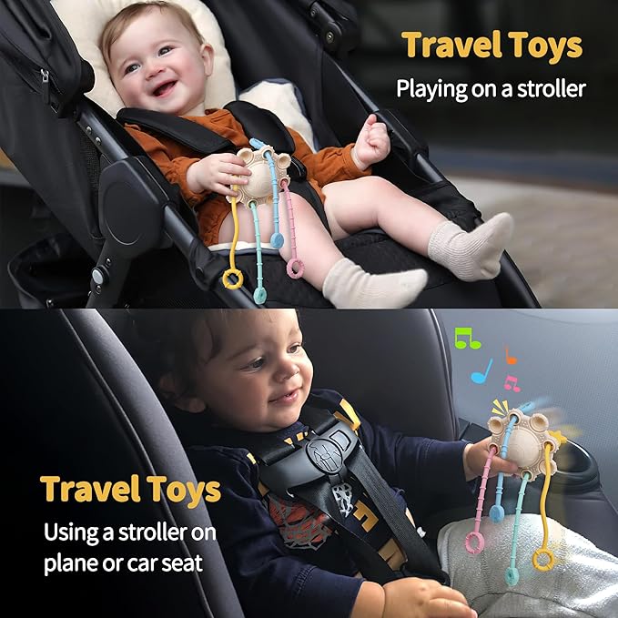 Montesorri-Toys - Montessori Pull String Toy - Made of 100% Food Grade Silicone with Built-in Rattle Function and Easy to Clean Design (Cream Color)