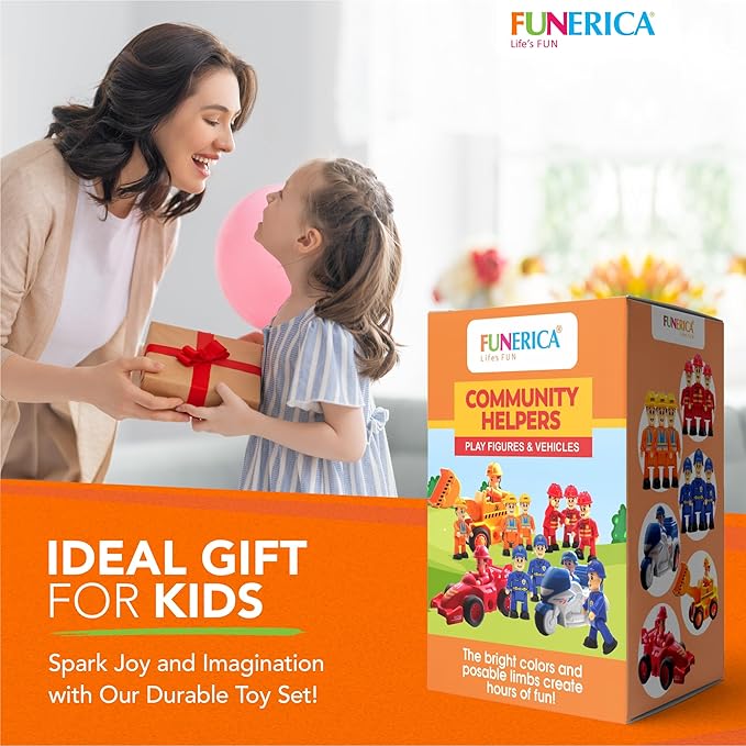 FUNERICA 12-Pcs People Figures and Toy Cars Playset - Fireman, Police, Construction Workers - Pretend Play Vehicle & Figurine Set Accessories for Kids - Emergency Rescue & Construction Toys