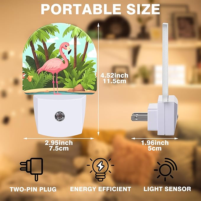 Night Light, Pink Flamingo on Tropical Island Night Lights Plug into Wall Dusk to Dawn Sensor Round Nightlight for Women Men Energy Efficient Led Lamp 0.5W for Stairway Hallway Bedroom