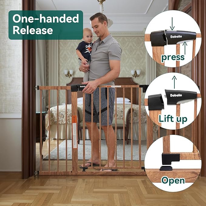 Babelio Metal Auto Close Baby Gate PressGuard P7,Extra Wide Pet Gate for The House and Doorways, Pressure Mounted Walk Thru Child Gate with Door (Brown Wood Pattern, 30" Tall 29"-55" Wide)