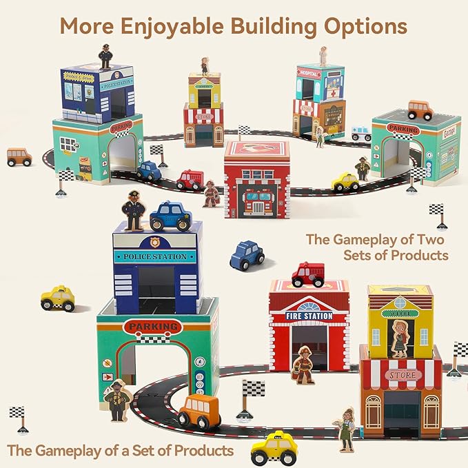 Montessori Scene with Train Tracks Set for Kids, Sorting & Stacking Blocks Toys with Wooden Cars & Community Helpers,Toddler Number Blocks Nesting Boxes, Preschool Learning Toys for Boys Girls Gift