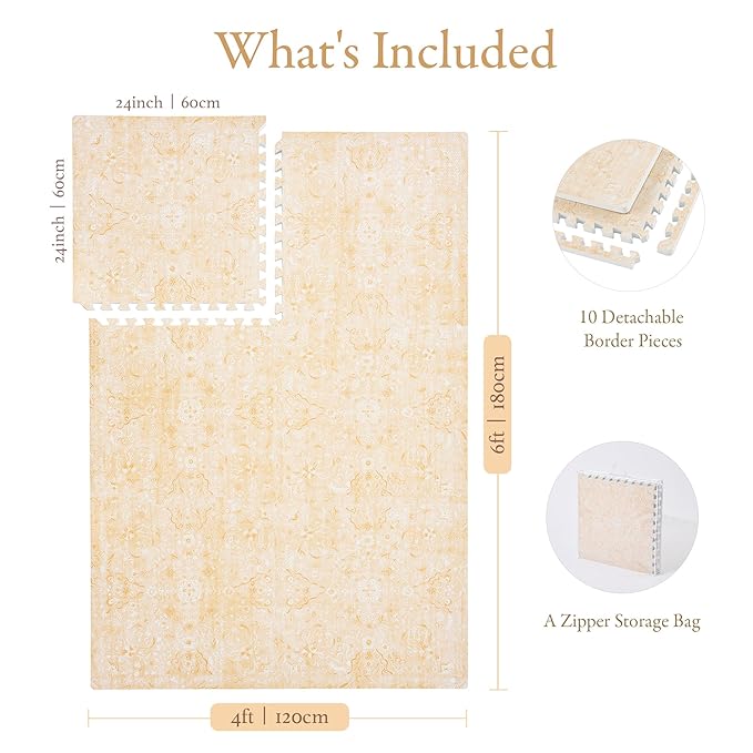 PopsyKosy Super 1 Inch Thick Premium Quality Exercise & Baby Foam Play Mats - Expandable & Large Non-Toxic Odorless Floor Mat - 6 Tiles Spacious 6x4ft - Peel-Resistant - Light Apricot