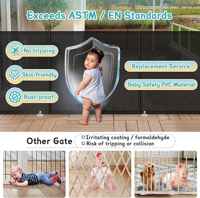 160 Inch Retractable Baby Gates Extra Wide, 42 Inch Extra Tall Retractable Gate, 13 FT Reinforced Retractable Dog Gate with Reinforcement Rod to Prevent Crawling Through, for Doorways, Stairs, Hallway
