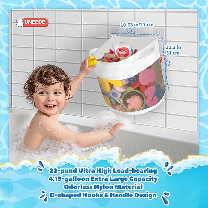 UNEEDE Bath Toy Organizer,4.15 Gallons Bathtub Toy Storage Organizer,Quick Access Bath Toy Holder For Bathtub,Baby Organizer And Storage,Quick Dry Baby Bath Toy Storage For Tub,Mesh Shower Caddy(Gray)