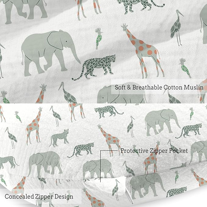 Little Grape Land Muslin Nursing Pillow, Soft 100% Cotton Breastfeeding Pillow with Breathable Removable Cover, Breast Feeding Pillows for Babies 0-12 Months with Protective Zipper Tropical Quest