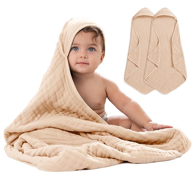 Comfy Cubs Hooded Baby Towel 2-Pack, Large 32 x 32 Inch - 6 Layer 100% Muslin Cotton for Babies, Toddlers and Kids - Soft & Absorbent Baby Bath Towels - Unisex Design for Bath Time - Cream