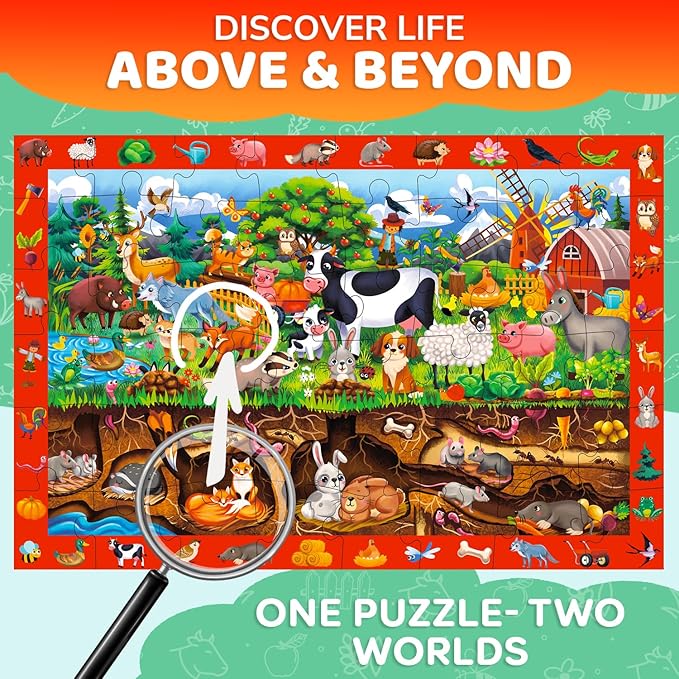 QUOKKA Floor Puzzles for Kids Ages 4-8 – 2x3 FT Giant Search and Find Jigsaw – 48 Large Pieces – Above and Beyond Observational Scene – Educatinal Montessori Toy with Gift Box – Fun Learning Activity