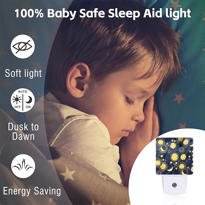 Retro Moon and Sun Night Light, Colorful Zodiac Dusk to Dawn Night Light Plug in,0.5w Energy Saving Sleep Friendly NightLight for Kids Boys Girls Home Bedroom Living Room Decor