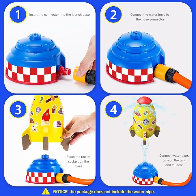 Water Rocket Sprinkler for Kids, Outdoor Sprinkler Rocket Launcher Toy for Backyard, Summer Water Toys for Kids Ages 3-12, Fun Water Powered Rocket Toy (Yellow-3)