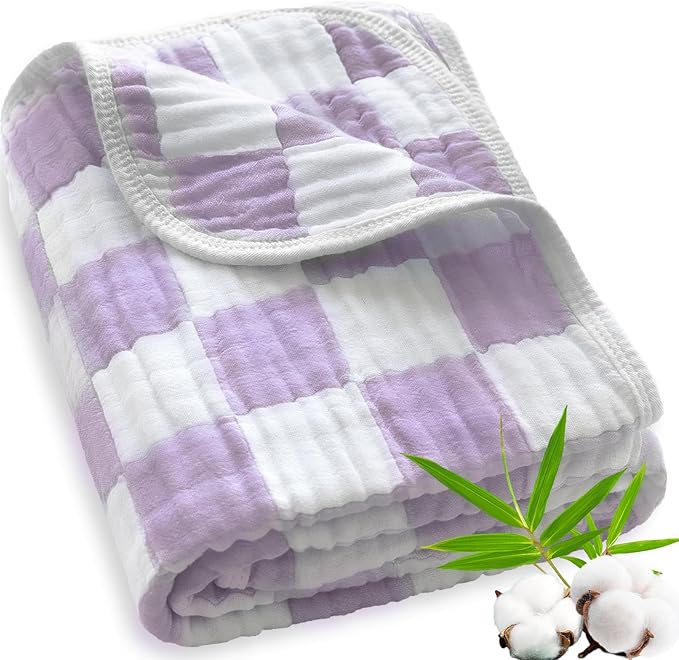 Muslin Swaddle Blankets, Ultra Soft Checkered Receiving Blankets for Baby Boys and Girls, 43 x 43 Inches Baby Swaddle Neutral Wrap 70% Cotton and 30% Rayon Purple